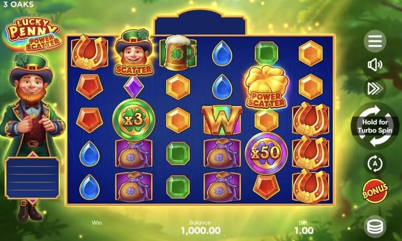 Lucky Penny Power Scatter – Power Scatter simbols ar zelta monētu un apgaismojumu